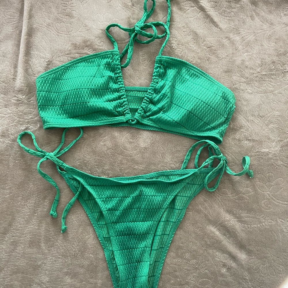 Green Textured Bikini Set